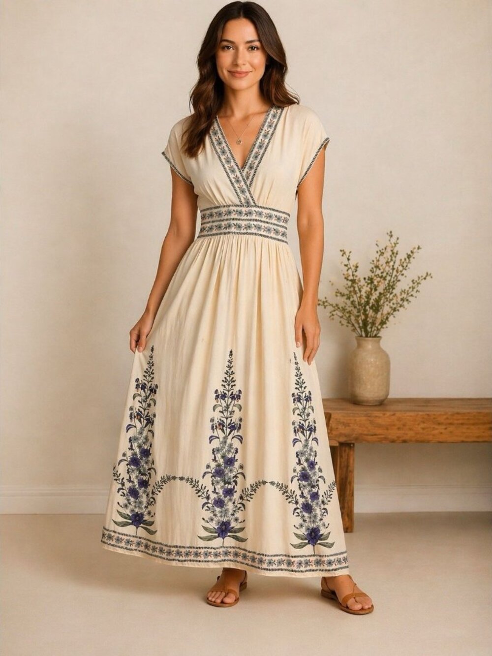 Max Studio London Maxi Dress XS NWT Cream Floral Embroidered Boho